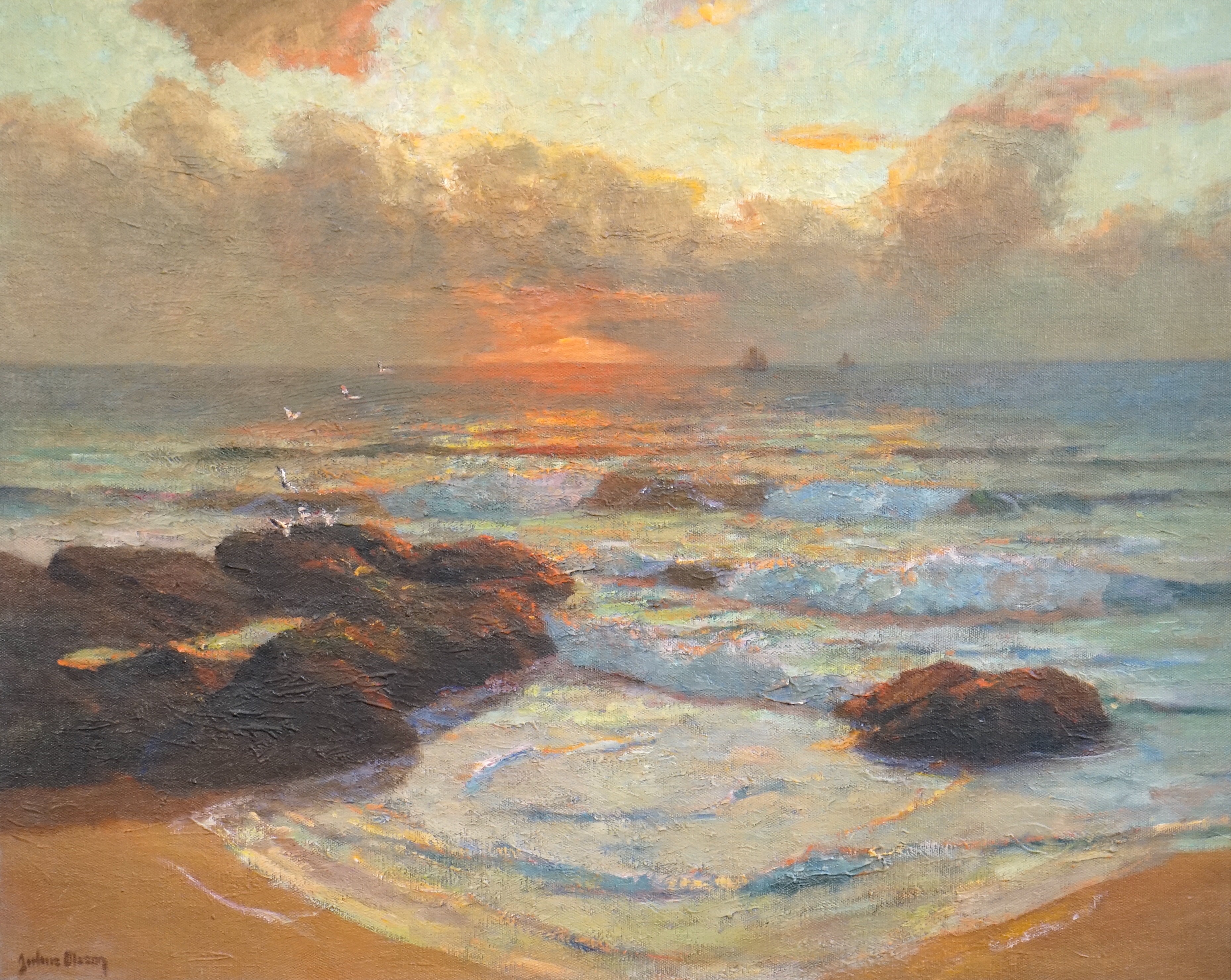Julius Olsson RA, RBA, PROI, RWA, NEAC (British 1864-1942), 'Sunset off the Cornish coast', oil on canvas, 60 x 74cm